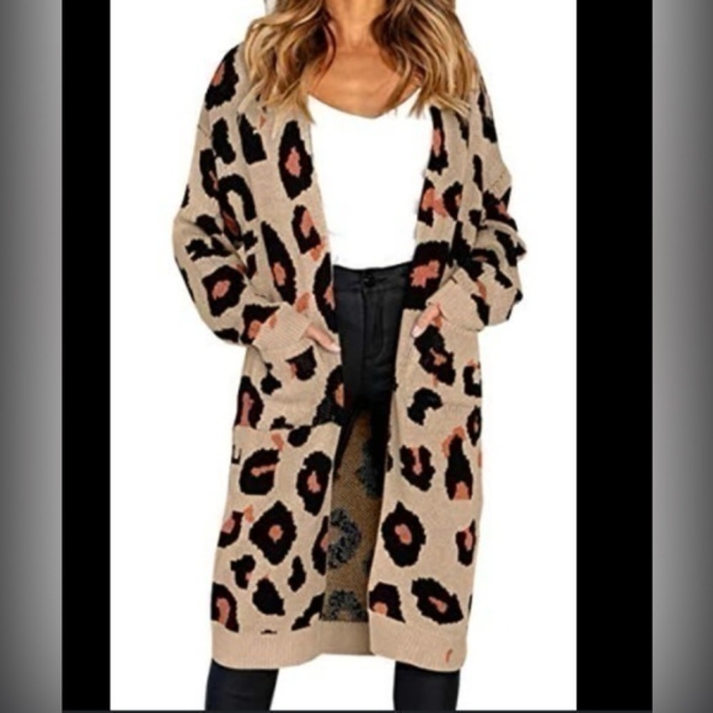 Angashion cotton blend Long Leopard  Cardigan Sweater Outwear Coats with Pocket
